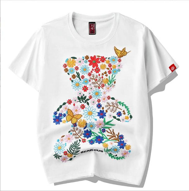I Royal Pure cotton flower sea bear embroidery half sleeved couple loose short sleeved T shirt eprolo 