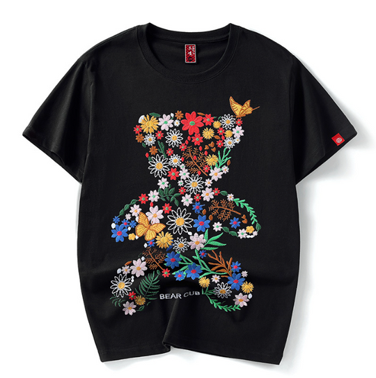 I Royal Pure cotton flower sea bear embroidery half sleeved couple loose short sleeved T shirt eprolo 
