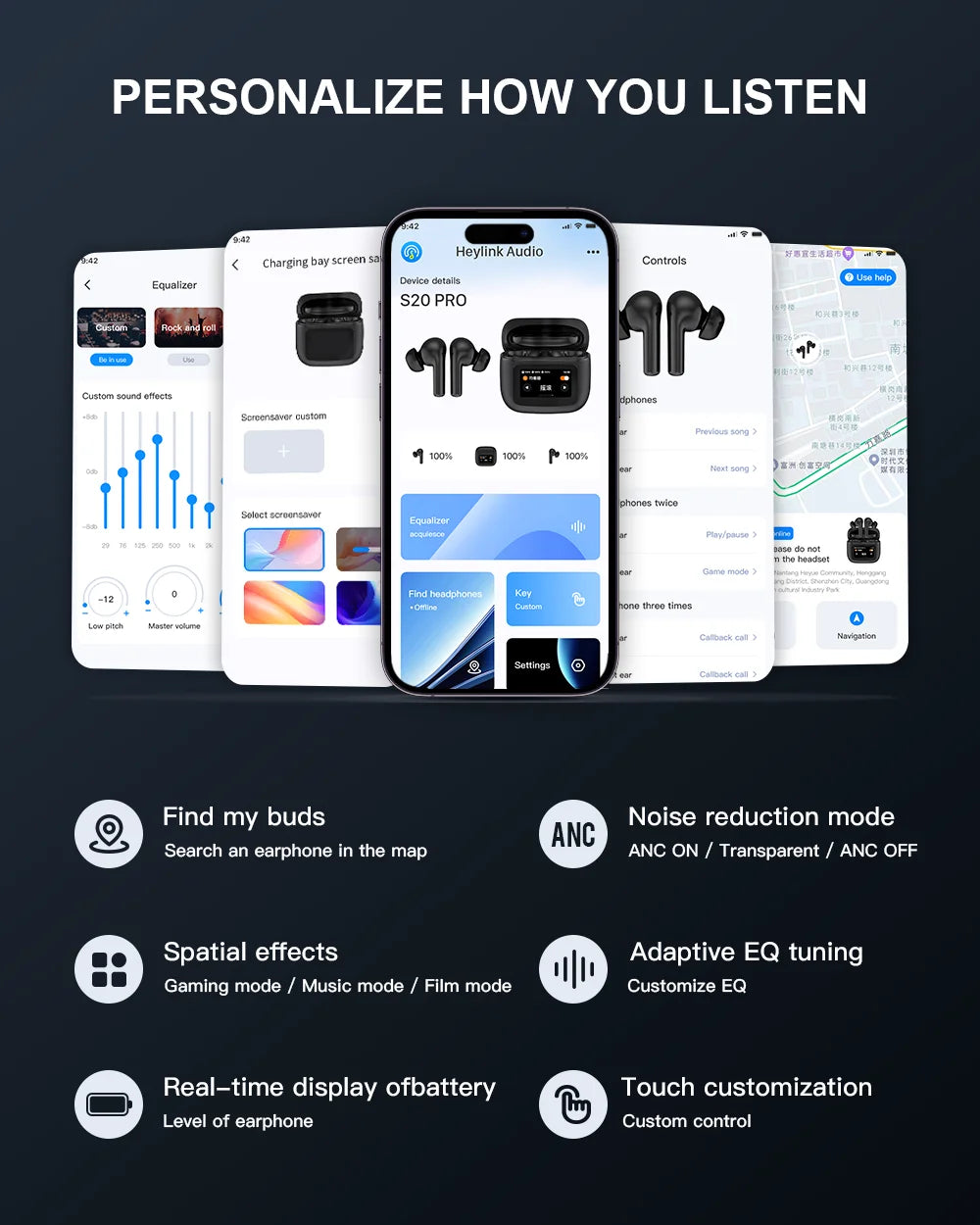 I Royal S20 PRO Touch Screen ANC Wireless Earphones TWS Noise Cancelling Earbud Bluetooth 5.3 Support APP Long Battery life eprolo 