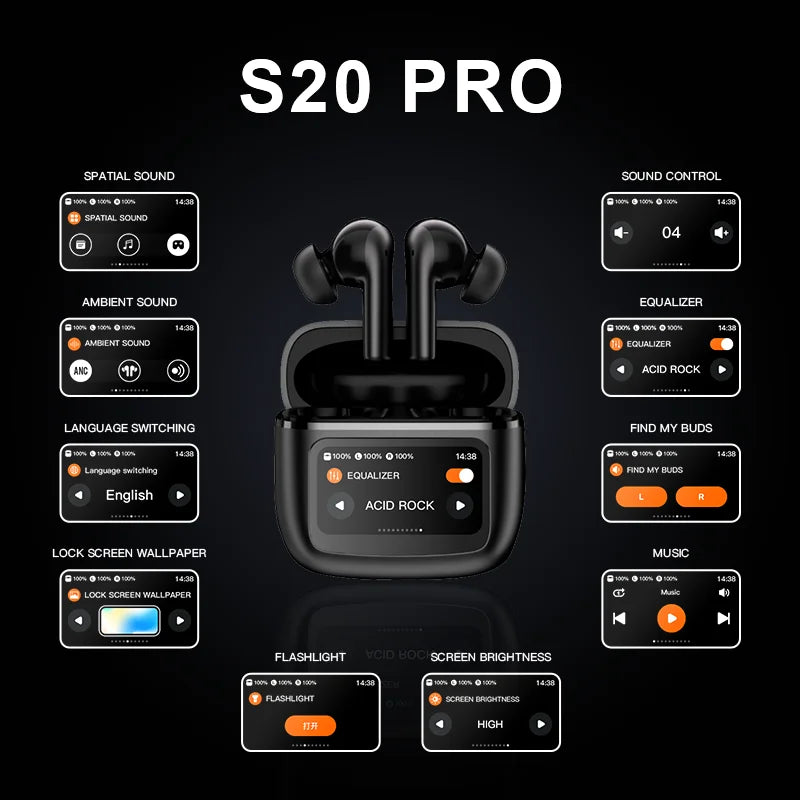 I Royal S20 PRO Touch Screen ANC Wireless Earphones TWS Noise Cancelling Earbud Bluetooth 5.3 Support APP Long Battery life eprolo 